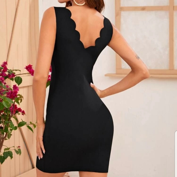 Sexy Black Bodycon Dress, Deep V Scalloped Edges - Picture 2 of 5
